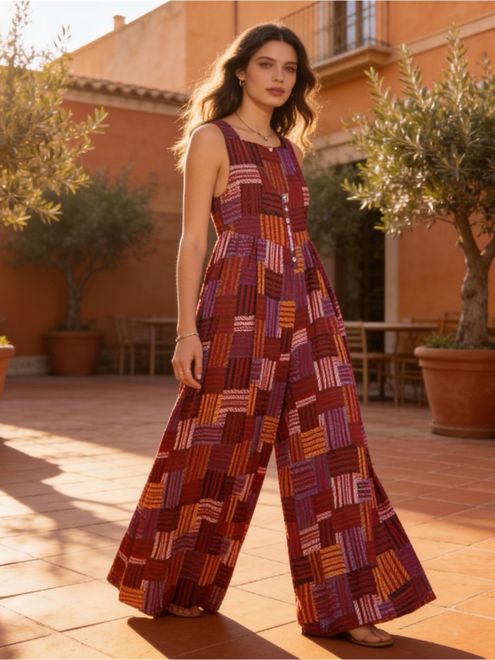 Easel NWOT Burgundy Patchwork Wide-Leg Sleeveless Jumpsuit